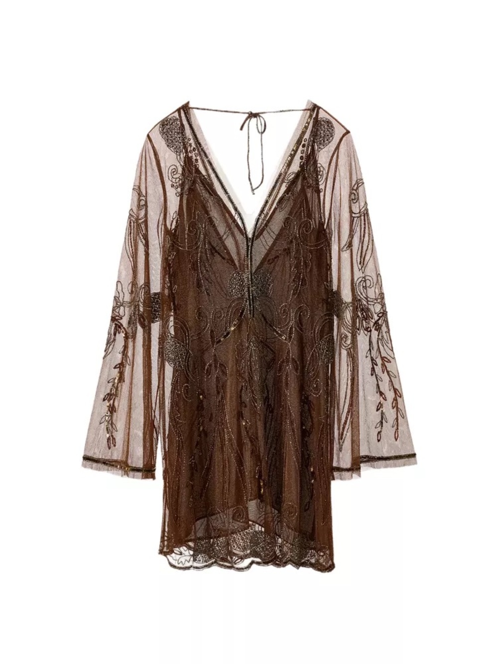 Zara Brown Sheer Embroidered Mini Dress - Limited Edition